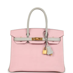 Pre-owned Hermes Special Order (HSS) Birkin 30 Rose Sakura and Gris Perle Chevre Brushed Gold Hardware