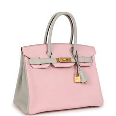 Pre-owned Hermes Special Order (HSS) Birkin 30 Rose Sakura and Gris Perle Chevre Brushed Gold Hardware
