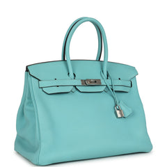 Pre-owned Hermes Birkin 35 Bleu Atoll Togo Palladium Hardware