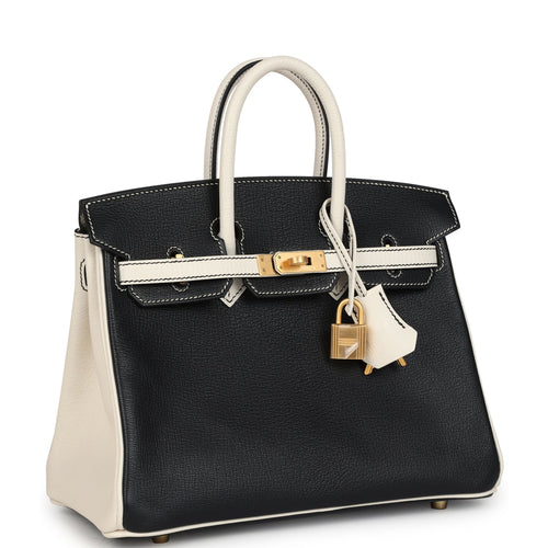Hermes Special Order (HSS) Birkin 25 Bi-Color Black and Nata Chevre Mysore Brushed Gold Hardware