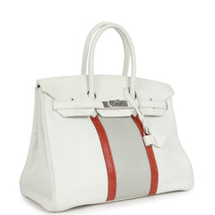 Pre-owned Hermes Birkin Club 35 White and Gris Perle Clemence and Sanguine Lizard Palladium Hardware