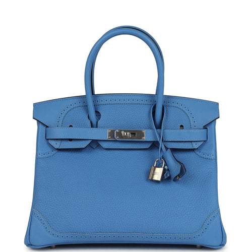 Hermes Birkin 30 Ghillies Bleu Paradise Clemence and Evercolor Palladium Hardware