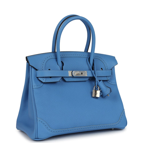 Hermes Birkin 30 Ghillies Bleu Paradise Clemence and Evercolor Palladium Hardware