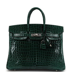 Hermes Birkin 25 Vert Fonce Shiny Porous Crocodile Palladium Hardware