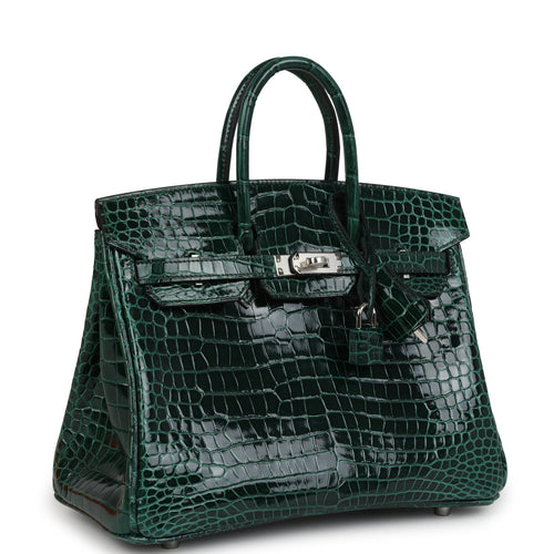Hermes Birkin 25 Vert Fonce Shiny Porous Crocodile Palladium Hardware