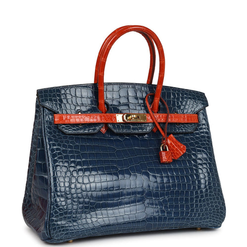 Vintage Hermes Birkin 35 Bleu Roi and Orange Shiny Porosus Crocodile Gold Hardware