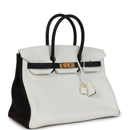 Hermes Special Order (HSS) Birkin 35 White and Black Clemence Brushed Gold Hardware