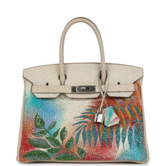 Custom "Paradise" Swarovski Crystal Hermes Birkin 30 Craie Togo Palladium Hardware
