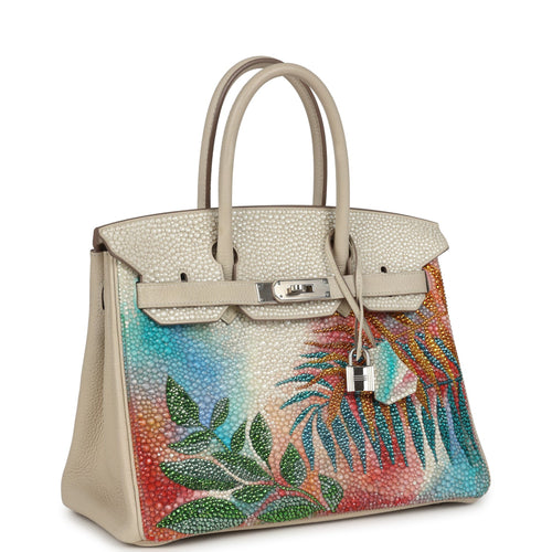 Custom "Paradise" Swarovski Crystal Hermes Birkin 30 Craie Togo Palladium Hardware