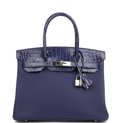 Pre-owned Hermes Birkin 30 Bleu Encre Togo and Shiny Niloticus Crocodile Touch Palladium Hardware