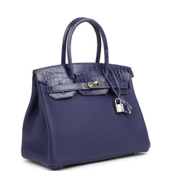 Pre-owned Hermes Birkin 30 Bleu Encre Togo and Shiny Niloticus Crocodile Touch Palladium Hardware