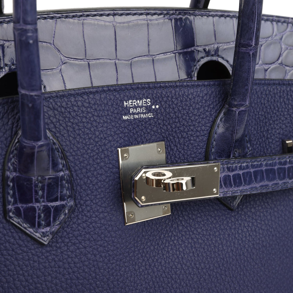 Pre-owned Hermes Birkin 30 Bleu Encre Togo and Shiny Niloticus Crocodi