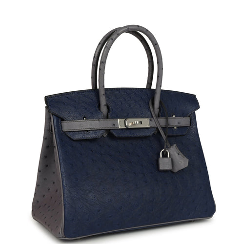 Hermes Special Order (HSS) Birkin 30 Bleu Iris and Gris Agate Ostrich Palladium Hardware