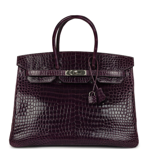 Pre-owned Hermes Birkin 35 Amethyst Shiny Porosus Crocodile Palladium Hardware