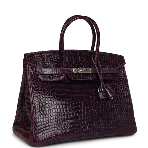 Pre-owned Hermes Birkin 35 Amethyst Shiny Porosus Crocodile Palladium Hardware