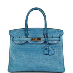 Pre-owned Hermes Birkin 30 Bleu Mykonos Matte Alligator Gold Hardware