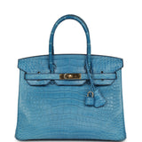 Pre-owned Hermes Birkin 30 Bleu Mykonos Matte Alligator Gold Hardware - Thumbnail View 1