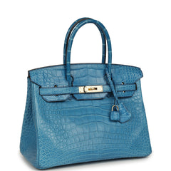 Pre-owned Hermes Birkin 30 Bleu Mykonos Matte Alligator Gold Hardware