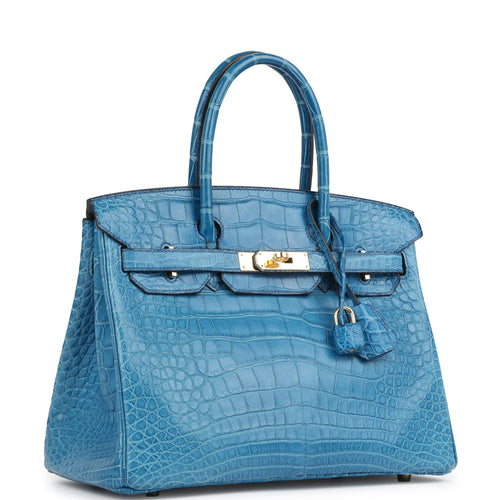 Pre-owned Hermes Birkin 30 Bleu Mykonos Matte Alligator Gold Hardware