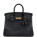 Pre-owned Hermes Birkin 25 Bleu Indigo Matte Alligator Gold Hardware