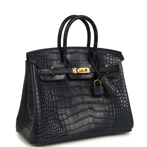 Pre-owned Hermes Birkin 25 Bleu Indigo Matte Alligator Gold Hardware
