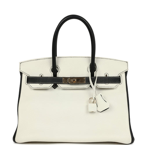 Pre-owned Hermes Special Order (HSS) Birkin 30 White and Black Clemence Permabrass Hardware