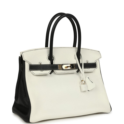 Pre-owned Hermes Special Order (HSS) Birkin 30 White and Black Clemence Permabrass Hardware