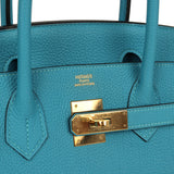 Pre-owned Hermes Birkin 30 Turquoise Togo Gold Hardware