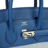 Hermes Birkin 25 Bleu France Swift and Bleu Bill-Ecru Toile H Canvas Palladium Hardware