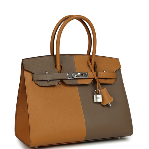 Pre-owned Hermes Casaque Birkin Sellier 30 Sesame and Etoupe Epsom Palladium Hardware