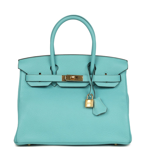 Pre-owned Hermes Birkin 30 Bleu Atoll Clemence Gold Hardware