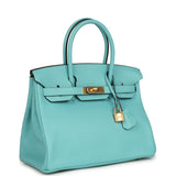 Pre-owned Hermes Birkin 30 Bleu Atoll Clemence Gold Hardware