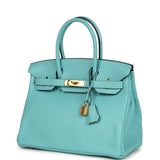 Pre-owned Hermes Birkin 30 Bleu Atoll Clemence Gold Hardware