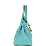 Pre-owned Hermes Birkin 30 Bleu Atoll Clemence Gold Hardware