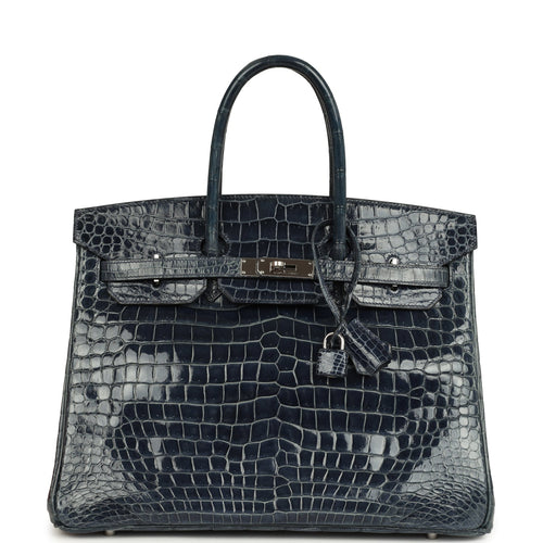 Pre-owned Hermes Birkin 35 Bleu Abysse Shiny Porosus Crocodile Palladium Hardware