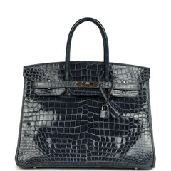 Pre-owned Hermes Birkin 35 Bleu Abysse Shiny Porosus Crocodile Palladium Hardware