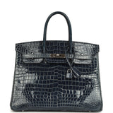 Pre-owned Hermes Birkin 35 Bleu Abysse Shiny Porosus Crocodile Palladium Hardware