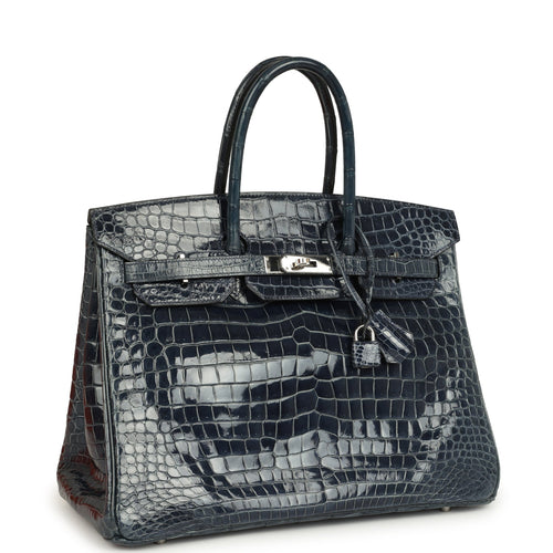 Pre-owned Hermes Birkin 35 Bleu Abysse Shiny Porosus Crocodile Palladium Hardware