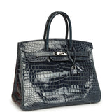 Pre-owned Hermes Birkin 35 Bleu Abysse Shiny Porosus Crocodile Palladium Hardware