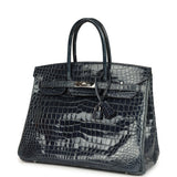 Pre-owned Hermes Birkin 35 Bleu Abysse Shiny Porosus Crocodile Palladium Hardware