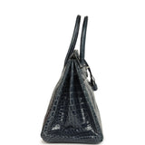 Pre-owned Hermes Birkin 35 Bleu Abysse Shiny Porosus Crocodile Palladium Hardware - Thumbnail View 3