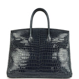 Pre-owned Hermes Birkin 35 Bleu Abysse Shiny Porosus Crocodile Palladium Hardware