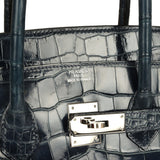 Pre-owned Hermes Birkin 35 Bleu Abysse Shiny Porosus Crocodile Palladium Hardware