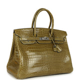 Vintage Hermes Birkin 35 Vert Anis Shiny Porosus Crocodile Palladium Hardware