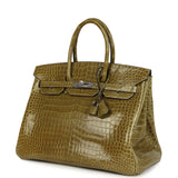 Vintage Hermes Birkin 35 Vert Anis Shiny Porosus Crocodile Palladium Hardware