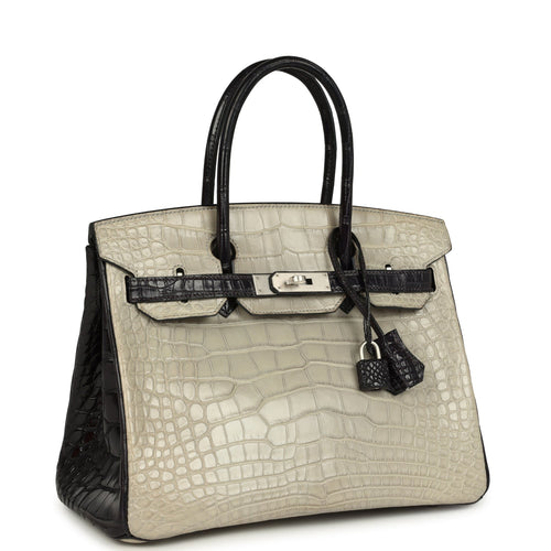 Pre-owned Hermes Special Order (HSS) Birkin 30 Gris Perle and Prunoir Matte Alligator Brushed Palladium Hardware