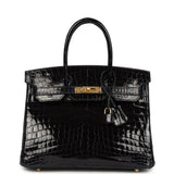 Pre-owned Hermes Birkin 30 Bleu Marine Shiny Niloticus Crocodile Gold Hardware