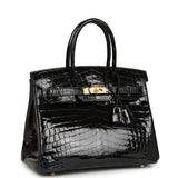 Pre-owned Hermes Birkin 30 Bleu Marine Shiny Niloticus Crocodile Gold Hardware