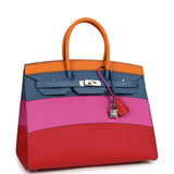 Hermes "Sunset" Birkin Sellier 35 Abricot, Bleu Agate, Magnolia and Rouge Casaque Epsom Palladium Hardware