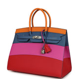 Hermes "Sunset" Birkin Sellier 35 Abricot, Bleu Agate, Magnolia and Rouge Casaque Epsom Palladium Hardware